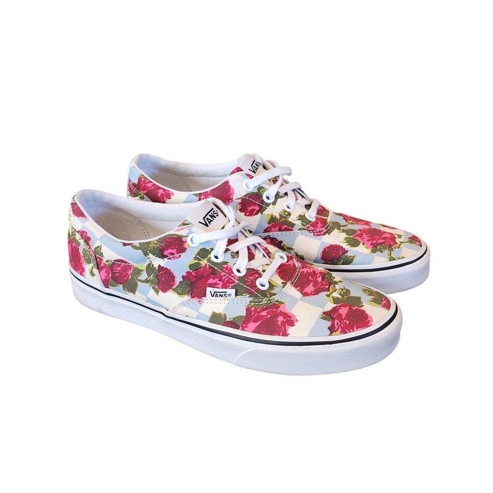 Size 8.5 - Vans Indie Floral Rose Blue Checkerboard Skate Shoes Cottagecore Boho